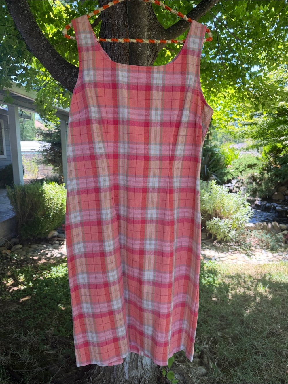 Sleeveless Linen Cotton Pink Plaid Fitted Summer Dress
